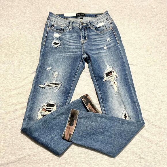 Judy Blue Skinny Fit High Waisted Jeans 3/26 Dark Blue Faded Distressed Stretch - Picture 3 of 10